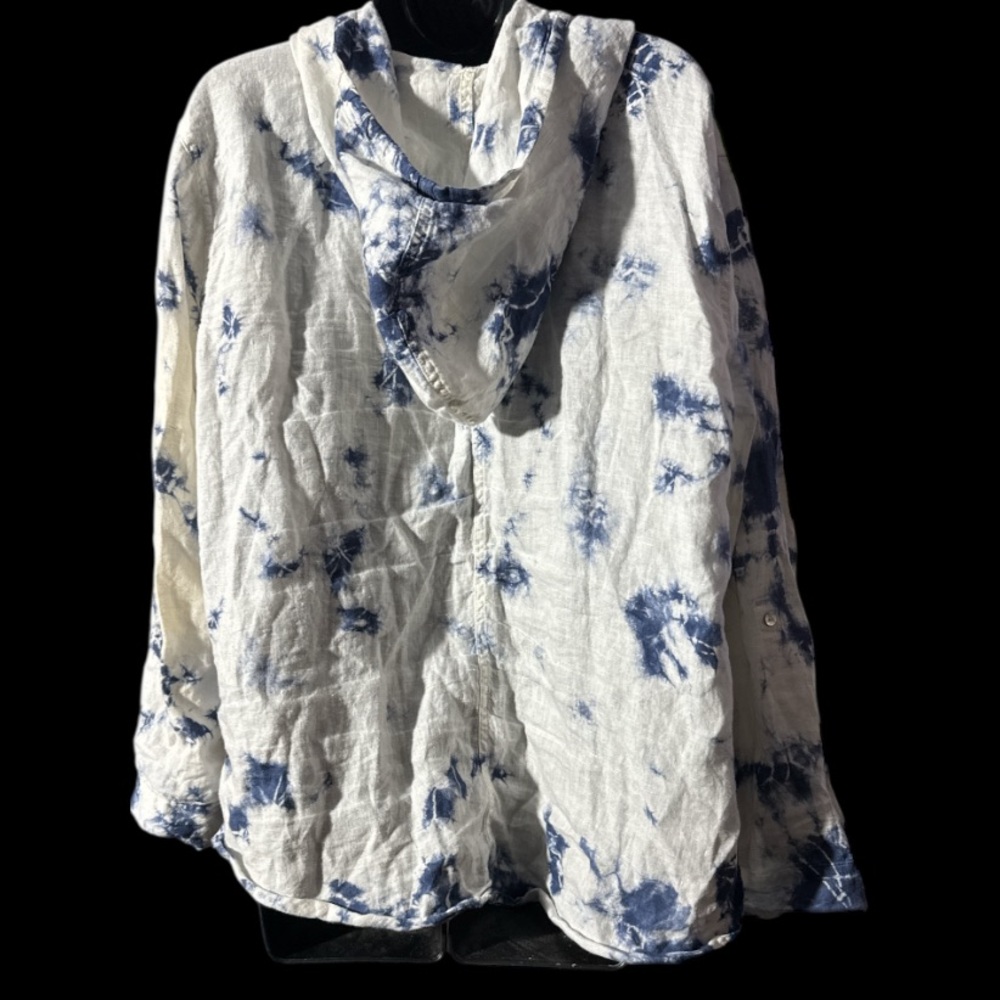 Rachel Zoe Linen Tie-Dye Hooded Button Up Women's Top - Blue and White - Size L - Picture 7 of 11